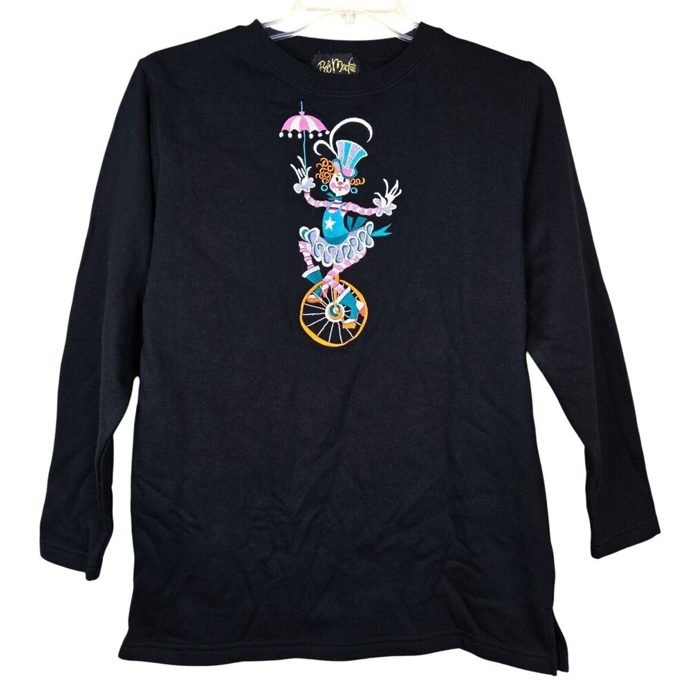Bob Mackie Sz S Embroidered Whimsical Clown Front Back Black Sweatshirt NWOT